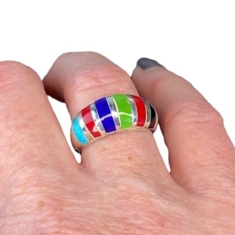 Sterling Silver Dome Ring, Turquoise, Lapis, Onyx